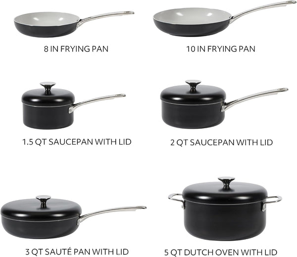 Sur La Table Kitchen Essentials Potluck Porch 10 Piece PFA Free Ceramic Non Stick Interior Forged Aluminum Cookware Pots and Pans Set W/Aluminum Lids - Black - Induction Compatible3
