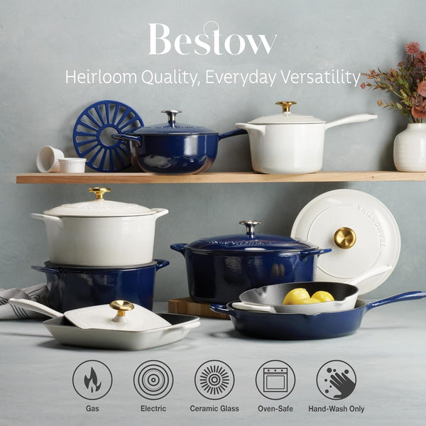 Bestow Enameled Cast Iron 5.5-Qt round Dutch Oven Pot with Lid | Great for Braising, Roasting and Bread Baking - Blue9