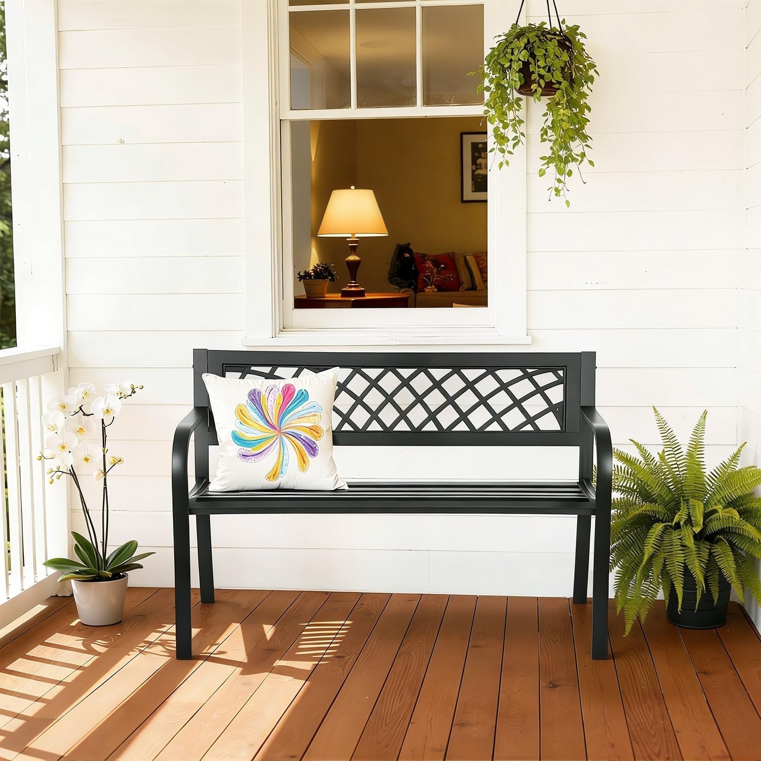46-outdoor-garden-bench-black-480lbs-load-capacity-heavy-duty-metal-patio-bench-with-grid-design-rust-weather-resistant-for-lawn-yard-parks-patio-porch-entryway