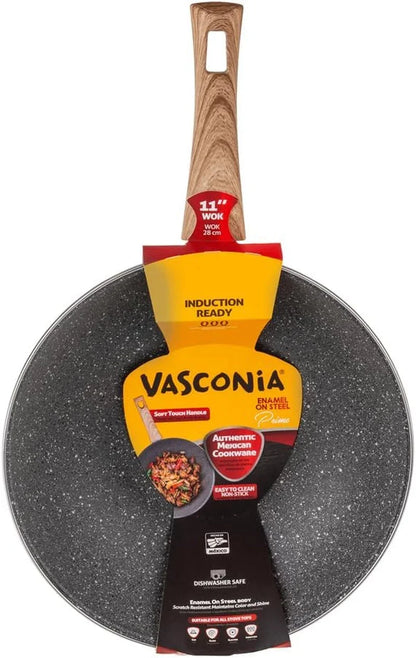 Nonstick Wok Pan 11 Inch Enamel Steel Gray | Induction Compatible, All Stovetop Ready, Even Heat Cooking, Wood-Look Handle, Lightweight Design, Easy Cleanup6