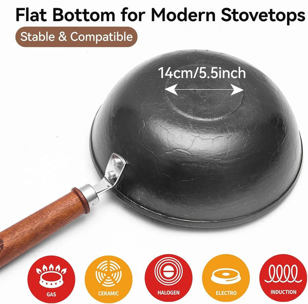 9.5 Inch Small Cast Iron Wok with Lid - Handcrafted Tortoise Shell Texture Uncoated Stir Fry Pan, Flat Bottom Wok for Electric, Induction & Gas Stoves, 2.5 Quart (Requires Seasoning)8