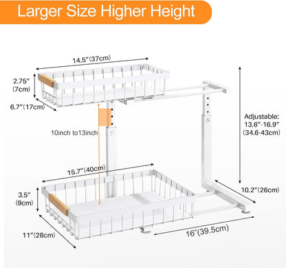 under Sink Organizer, Adjustable Height, 2 Tier Pull Out under Cabinet Organizer, Slide Out Thickened Metal under Sink Storage for Kitchen Bathroom Laundry Pantry Cabinet, White, Large-2-Pack8