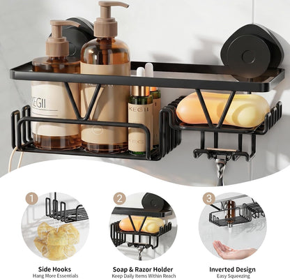 Shower Caddy Suction Cup with Soap Holder and Hooks, Matte Black4
