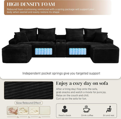 127" U Shaped Cloud Couch Modular Sectional Sofa, Comfy Fluffy Corduroy Black Boneless Sectional Couches for Living Room, Modern Cloud Sofas with Cup Holders & USB Port, Balck6