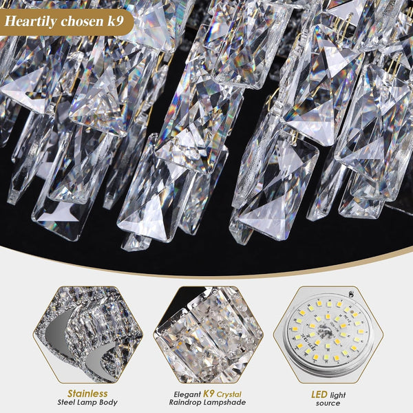 24" Flush Mount Crystal Chandeliers with Remote and App,Black Ceiling Light6