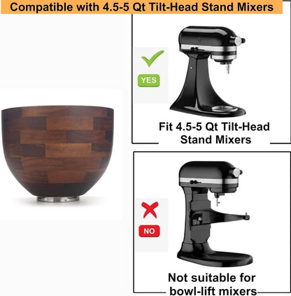 Acacia Wood Mixing Bowl Compatible with 4.5-5 Qt Tilt-Head Stand Mixers, Natural Wooden Bowls with Stainless Steel Locking Base3