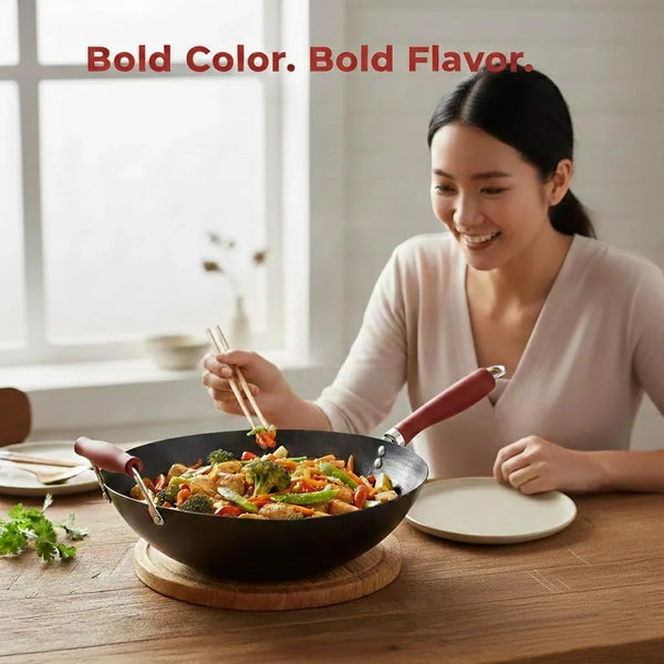 14 Inch Red Wok with Flat Bottom, Carbon Steel Stir Fry Pan with Wooden Handle, Deep Cooking Wok for Gas, Electric & Induction Stovetops3