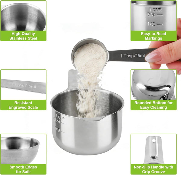 Stainless Steel Measuring Cups and Spoons Set of 10, Nesting Measuring Cup Set - 4 Cups 6 Spoons, Stackable Measure Cup Spoon Set for Dry & Liquid,Dishwasher Safe Kitchen Tools Cooking Baking Supplies4