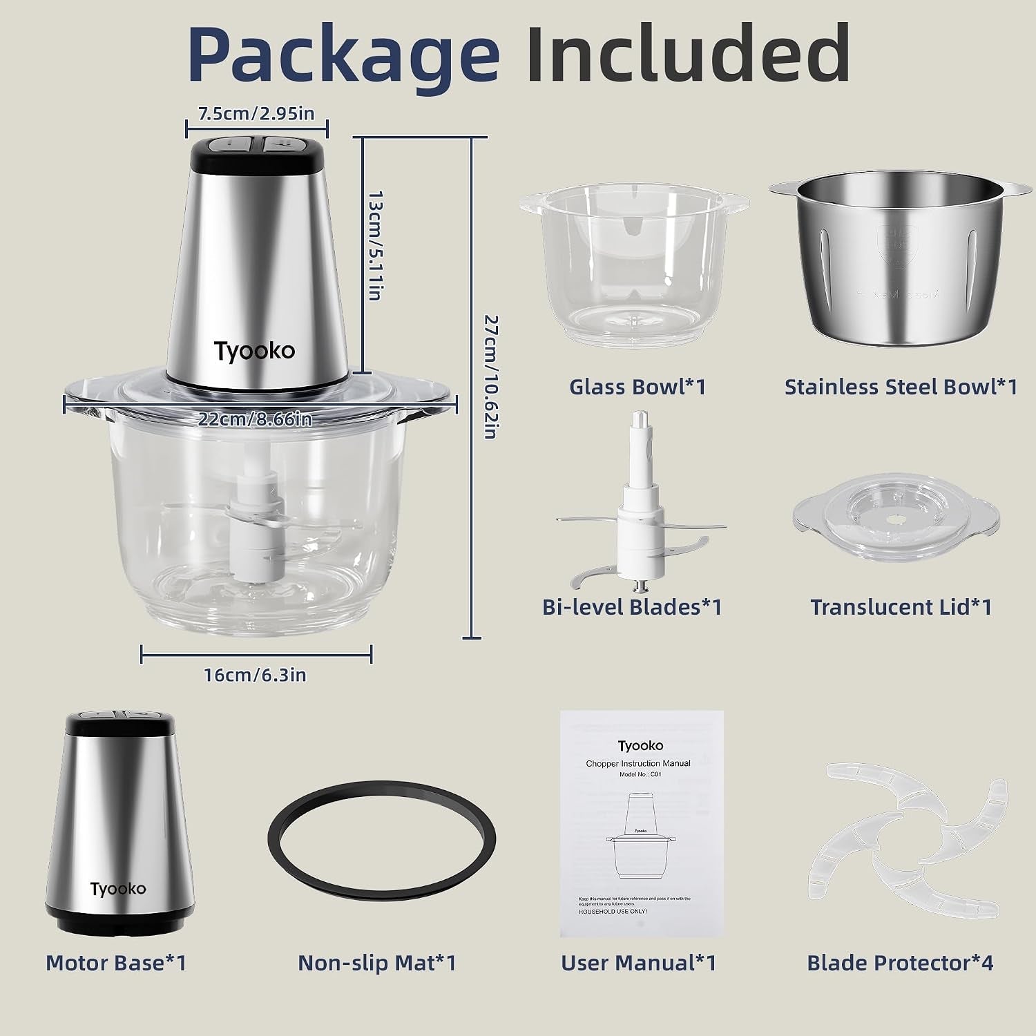 electric-food-processor-vegetable-chopper-easy-clean-meat-grinder-with-2-bowls-8-cup-stainless-steel-8-cup-glass-small-food-mixer-for-fruits-meat-nuts-fish-veggie-pet-food-baby-food
