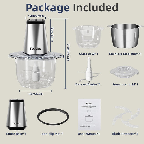 Electric Food Processor Vegetable Chopper, Easy Clean Meat Grinder with 2 Bowls (8 Cup Stainless Steel+8 Cup Glass), Small Food Mixer for Fruits/Meat/Nuts/Fish/Veggie/Pet Food/Baby Food6