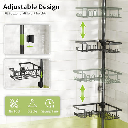 Corner Shower Caddy Tension Pole Adjustable 30.6-127.2 Inch, 4-Tier Rustproof Shower Organizer Shelf Rack, No-Drill Installation Bathroom Storage Shower Caddy Corner Pole, Black9