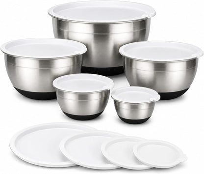 Premium Stainless Steel Mixing Bowls with Lids Non-Slip, Set of 5 Mixing Bowl Set with Silicone Base, Space Saving, Great for Cooking, Baking, Prepping (0.25Qt, 1Qt, 1.5Qt, 3Qt, 5Qt)1