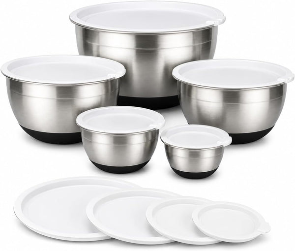 Premium Stainless Steel Mixing Bowls with Lids Non-Slip, Set of 5 Mixing Bowl Set with Silicone Base, Space Saving, Great for Cooking, Baking, Prepping (0.25Qt, 1Qt, 1.5Qt, 3Qt, 5Qt)1