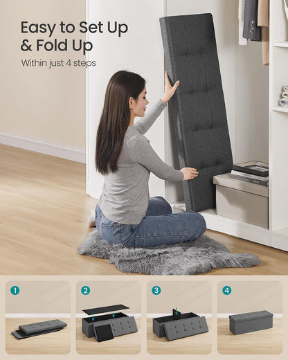 SONGMICS MAZIE Collection - 43 Inches Folding Storage Ottoman Bench, Ottoman Foot Rest, End of Bed Bench, Storage Chest, Load 660 Lb, for Living Room, Bedroom, Entryway, Dark Gray ULSF77K6