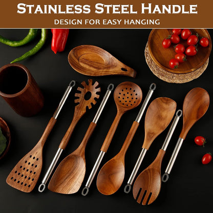 10PCS Teak Wooden Utensils Set with Holder & Spoon Rest, Stainless Handle7