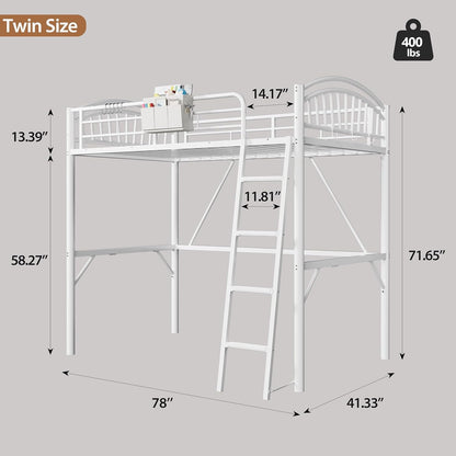 Loft Bed White Twin with Storage Bag, Metal Twin Size Loft Beds for Kids with Convertible Ladder, Safety Guard Rails and Anti-Tip Nails for Teenager，Girls or Boys (White)2