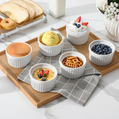 Ramekins 6 Oz Oven Safe, Porcelain Creme Brulee Ramekins Pudding Custard Cups Small Ceramic Souffle Dishes Ramakan Ramiken Ramicans Baking Bowls Set of 6, White, Series RAMEKIN-DISH5