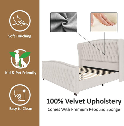 Queen Size Bed Frame with Velvet Upholstered Wingback Headboard7