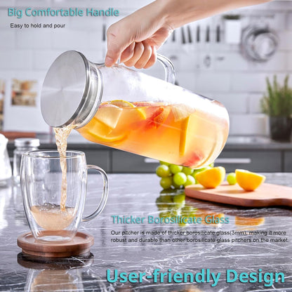 2 Liter 68 Oz Glass Pitcher with Lid and Handle, Glass Carafe for Hot/Cold Water, Large Iced Tea Pitcher for Coffee, Juice and Homemade Beverage3