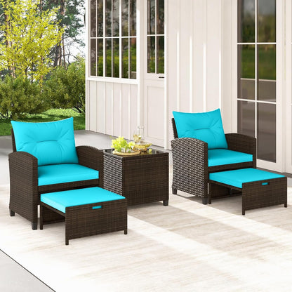 5 Pieces Patio Conversation Set, PE Wicker Outdoor Furniture Set with 2 Chairs, 2 Ottomans & Tempered Glass Coffee Table, Ideal for Poolside, Backyard, Lawn, Deck, Mix Brown & Turquoise9