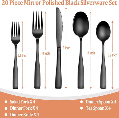 20 Pcs Black Silverware Set, Food-Grade Stainless Steel Flatware Set for 4, Square Cutlery Set, Mirror Polished Tableware Eating Utensils Set for Kitchen, Include Knife Fork Spoon Set,Dishwasher Safe2