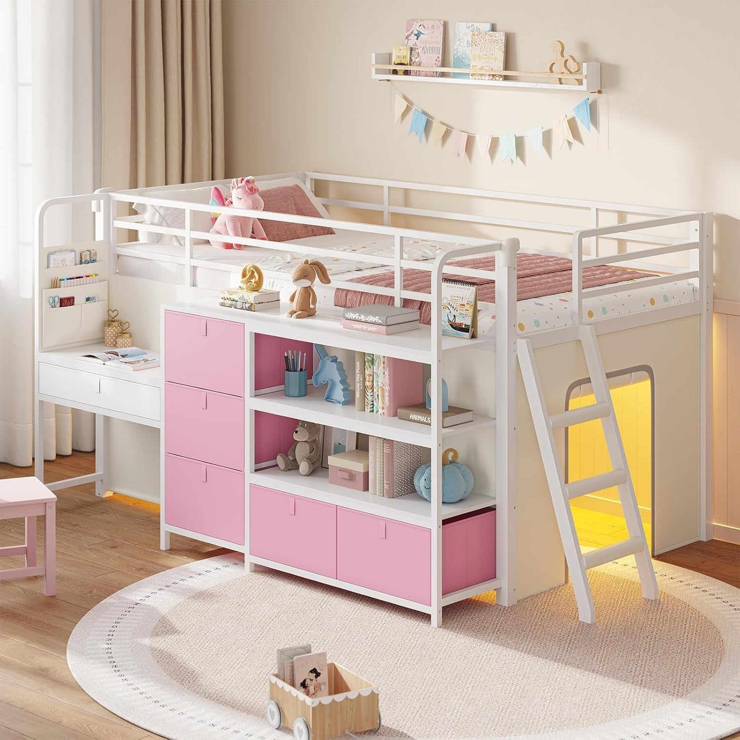 low-loft-bed-with-desk-and-6-storage-drawers-twin-loft-bed-with-bookshelf-led-lights-under-bed-play-space-kids-twin-beds-with-13-8h-safety-guardrail-inclined-ladder-play-curtain-pink-white