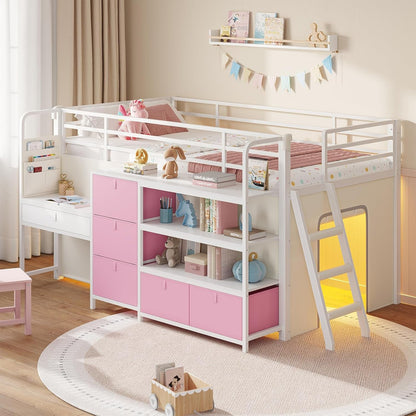 Low Loft Bed with Desk and 6 Storage Drawers Twin Loft Bed with Bookshelf,Led Lights & Under-Bed Play Space,Kids Twin Beds with 13.8''H Safety Guardrail,Inclined Ladder&Play Curtain,Pink+White1