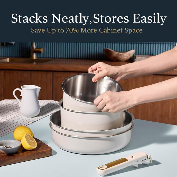 21Pcs Tri-Ply Stainless Steel Cookware Set with Detachable Handle | Pots and Pans Set, Even Heating, Non-Toxic, Induction Compatible, Dishwasher& Oven Safe, Space Saving, Camping Cooking, White5