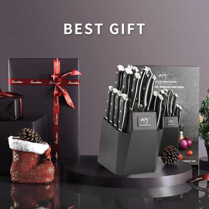 18PCS Damascus Knife Set with Steak Knives & Block | Japanese 67-Layer 10Cr15Comov (VG10 Equivalent) Steel Core, 60±2 HRC Edge, Ergonomic Handle, Kitchen Shears, Sharpener8
