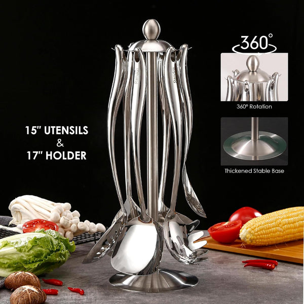 18/10 Stainless Steel Cooking Utensils Set with Holder, 7-Pieces All Metal Kitchen Utensils, 15’’ Kitchen Tools with Countertop Rotating Stand, Spatula, Ladle, Skimmer, Tunner, Pasta, Large Spoon2