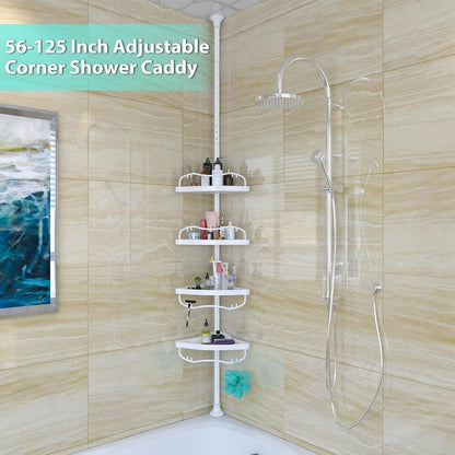 Shower Caddy Tension Pole with 4 ABS Baskets,Shower Storage Shelf with 56 to 125 Inch Adjustable Stainless Pole for Bathroom White2