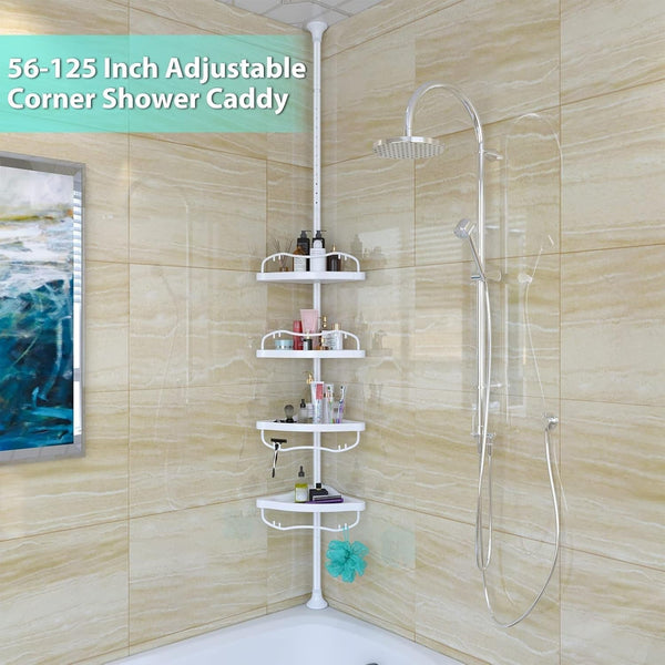Shower Caddy Tension Pole with 4 ABS Baskets,Shower Storage Shelf with 56 to 125 Inch Adjustable Stainless Pole for Bathroom White2