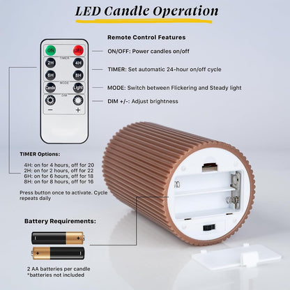 Fluted Ribbed LED Pillar Candles, Brown, with Reflective Melted-Wax Effect – Flickering Flame, Remote, Dimmable, Flameless, Battery Operated, Home & Wedding Decor (Set of 3)5