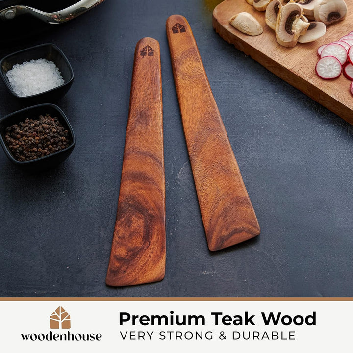 Wooden Spatula for Cooking, 12" Set of 2 - Turner & Scraper for Cast Iron | Flipper for Non Stick & Frying Pan, Egg & Pancake – BPA Free & Heat Resistant Teak Utensils+2