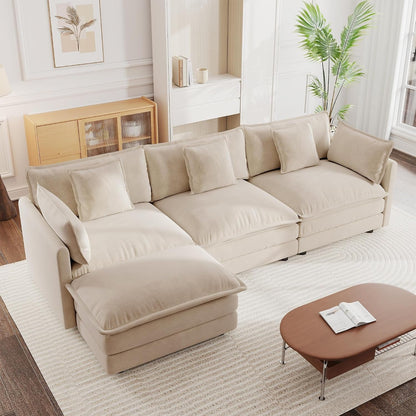 Modular Sectional Sofa, 111.5 Inch L Shaped Couch Set for Living Room, 3-Seater Comfy Cloud Couches with Movable Ottoman, DIY Combination, Chenille, Light Coffee1
