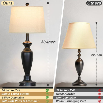 30" Tall Table Lamps Set of 2, Touch Control Bedside Lamp with USB A+C Ports and AC Outlet, 3-Way Dimmable Modern Metal Nightstand Lamp for Bedroom Living Room, 2 LED Bulbs Included, Black3