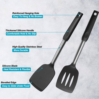 2 Pack Spatulas, Solid & Slotted Silicone Spatula Set, Stainless Steel Handle Coated with Silicone, Non Stick Turners, Heat Resistant Rubber Spatulas for Fish, Eggs, Pancakes, WOK, Black3