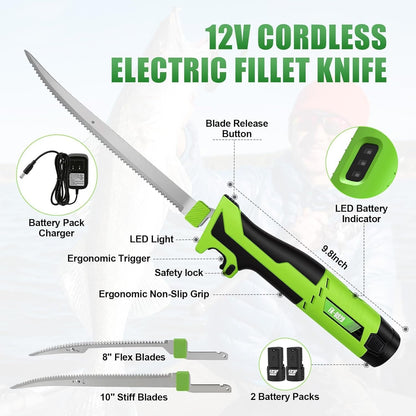 12V Cordless Electric Fillet Knife, 8" Flexible & 10" Rigid Blades, 2X 1500Mah Batteries, 1.5H Fast Charger, Safety Lock, Non-Slip Handle, Carry Case for Outdoor Fishing Filleting, Green7