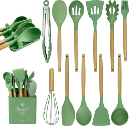 Silicone Cooking Utensils Set, Heat Resistant Kitchen Utensils Set, Spatula,Turner Tongs,Spoon,Brush,Whisk, Cooking Kitchen Utensils Spatula Set, Nonstick Cookware（Sage Green）1
