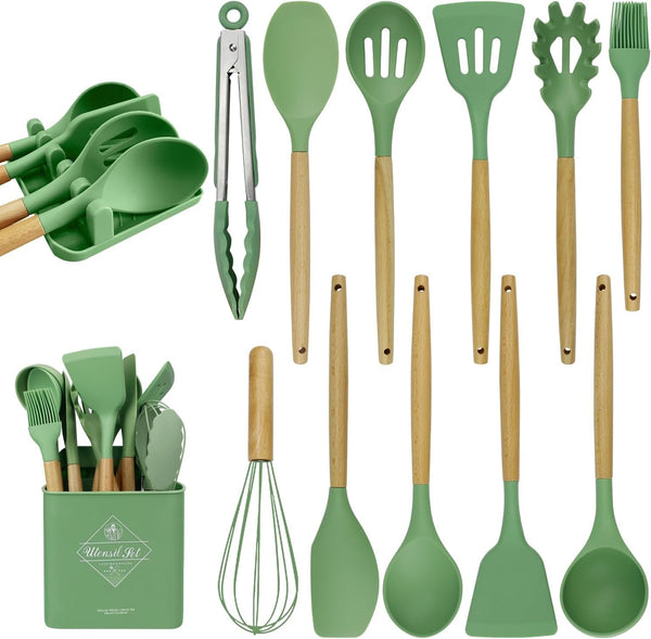 Silicone Cooking Utensils Set, Heat Resistant Kitchen Utensils Set, Spatula,Turner Tongs,Spoon,Brush,Whisk, Cooking Kitchen Utensils Spatula Set, Nonstick Cookware（Sage Green）1