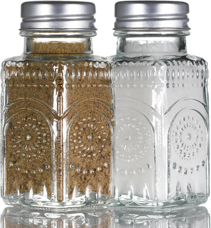 2 Pack Glass Salt and Pepper Shakers with 304 Stainless Steel Lid, Vintage Spice Shakers for Dining Room Table, Kitchen, Restaurant (Sunflower Style)1