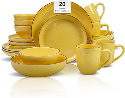 Homevss 20-Piece Dinnerware Set - Serves 4, Bright Glaze Yellow Plates and Bowls Sets with Speckle Effect for Microwave & Dishwasher Safe1
