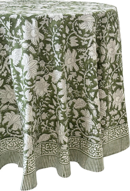 Cotton Blockprint round Tablecloth, Noori Green, 90 Inches2