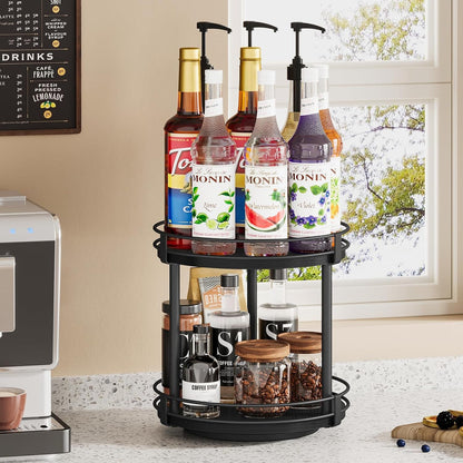 Lazy Susan Spice Rack, 2 Tier Rotating Spice Rack, Wood Lazy Susan Organizer for Cabinet, Black Kitchen Counter Shelf, 10.2" X 10.2" X 10.4"8