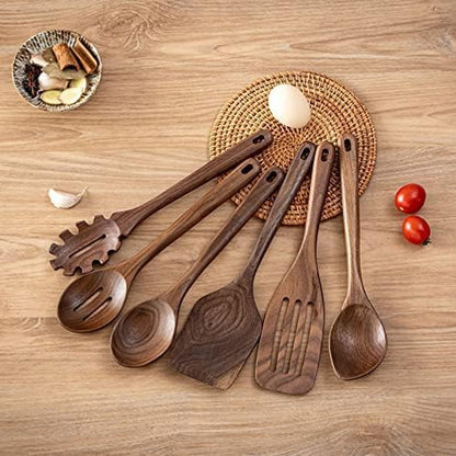 12 Inch Black Walnut Wooden Spoons for Cooking, 6 PCES Long Handel Wooden Spoons, Natural Black Walnut Wooden Utensil for Cooking, Wooden Kitchen Utensil Set8
