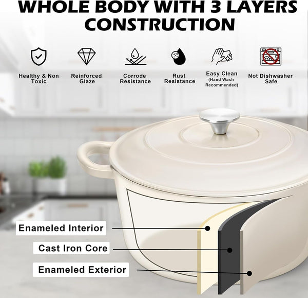 6Qt Dutch Oven, Enameled Cast Iron Dutch Oven Pot with Lid | Dual Handles for Bread Baking, Cooking, Simmer, Non Toxic & Heavy Duty, Oven Safe & Various Stovetops Suitable - Cream White4