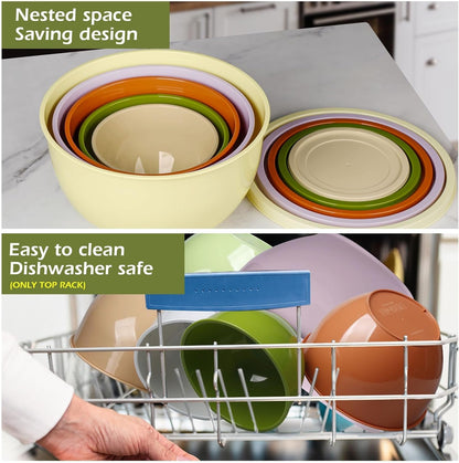 Plastic Mixing Bowls with Lids Set for Kitchen, 5 Set Nesting Bowls for Mixing, Baking, Prepping, Cooking and Serving Food, Mixing Bowls Dishwasher, Microwave Safe5