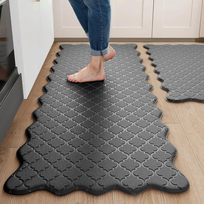 Upgrade Scalloped Kitchen Mats for Floor 2PC, Black Kitchen Rugs | 17.3" X 30"+17.3" X 47", Embossed Depth, Cushioned Comfort, Anti-Fatigue Support, Waterproof, Wipe Clean, Non-Slip Stability1