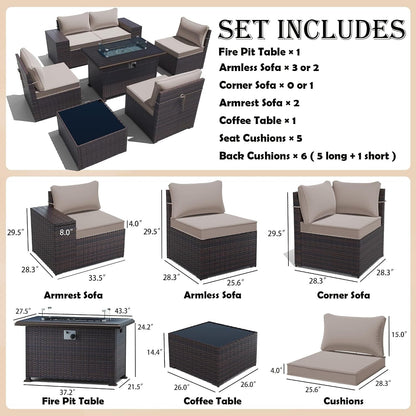 7 Pieces Patio Furniture Set with 55000BTU Fire Pit Table, Wicker Patio Set with Wide Armrests 29.5'' High Backrest Thick Cushions 1 Coffee Table, Outdoor Furniture for Porch Deck Khaki4