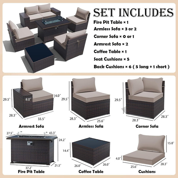 7 Pieces Patio Furniture Set with 55000BTU Fire Pit Table, Wicker Patio Set with Wide Armrests 29.5'' High Backrest Thick Cushions 1 Coffee Table, Outdoor Furniture for Porch Deck Khaki4